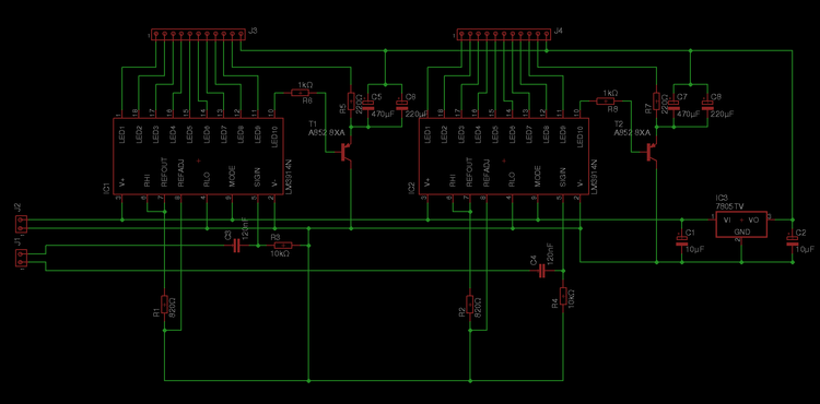 Circuit diagram showing two LM3914 ICs, a voltage regulator circuit, two high pass input filters, two peak detector circuits made of a PNP transistor, 2 resistors and 2 parallel capacitors, and everything wired up to a bunch of connectors