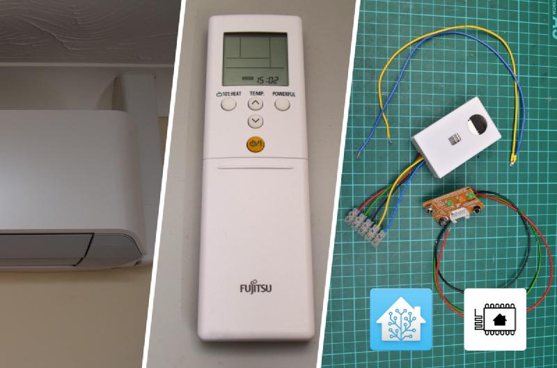 Composite of 3 photos: An inside unit of an air-conditioning system, The handheld remote controller for that unit, and an assortment of electronics involved in modifying the AC unit. The last image has the logos of Home Assistant and ESPHome overlaid.