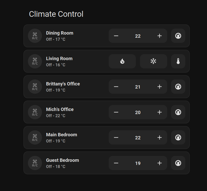 Climate control: 6 rows of climate control UI. Each row has an A/C icon on the left, then two rows of text to the right (white, bold: name of the room, and darker: status - current temperature). To the right of that is a temperature setting box with - and + buttons and a button. One of the entries has that button pressed, which replaces the temperature control with a couple of mode selection buttons: heating and cooling, represented by a flame and a snowflake respectively.
