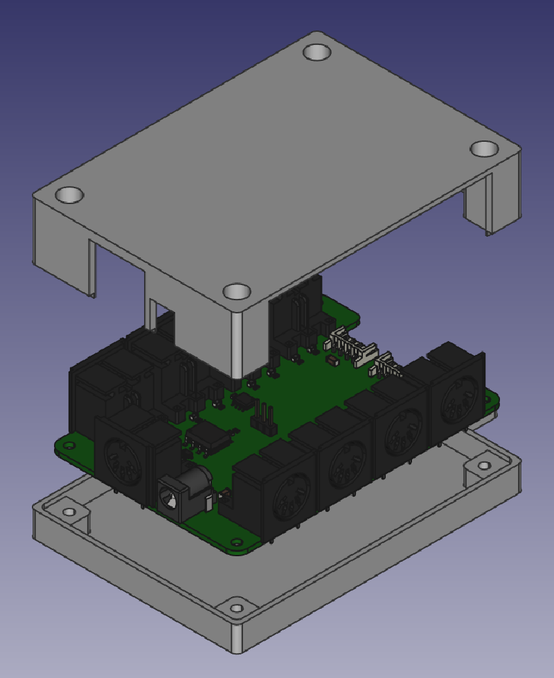 Exploded view of the 3D model, top side of box on top, followed by the PCB, and the bottom side of the box