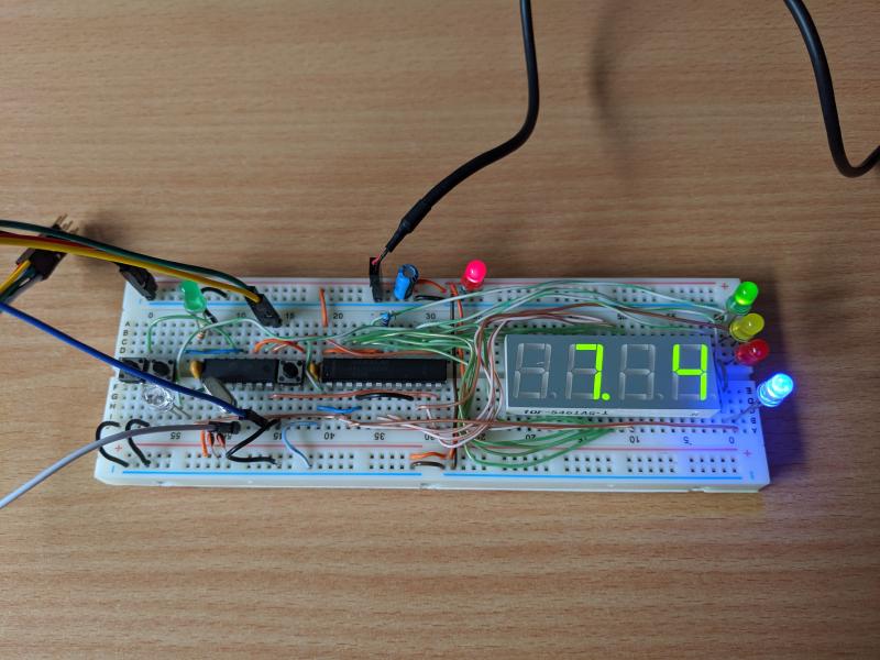 Prototype of scoreboard, on breadboard