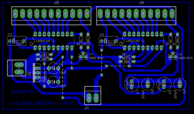 PCB layout showing placement of all components and traces where copper needs to remain.