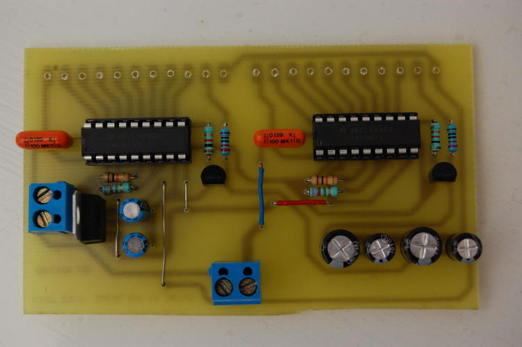 Component side of the PCB shown, with all components fitted, including some wire bridges. The holes for LED connections are vacant.
